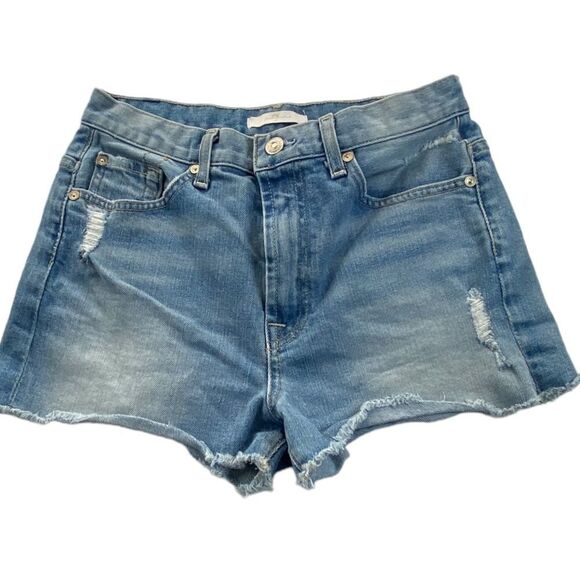 7 For All Mankind Wm’s Sz 27 Medium Blue Wash Distressed Raw Hem Denim Shorts - Picture 1 of 4